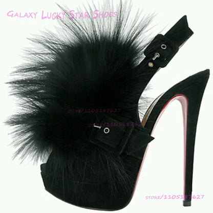 Brown Plush Long Pom Pom Open Platform Sandals Girls Red Rubber Sole Black Tassel Feather Buckle Stiletto Heel Fashion Shoes