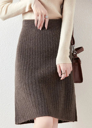Autumn Winter Women Wool Skirt Elastic Waist Mini Slim Fit Cashmere Skirts 100% Merino Wool Knitted Office Lady Above Knee Dress PlatiNum