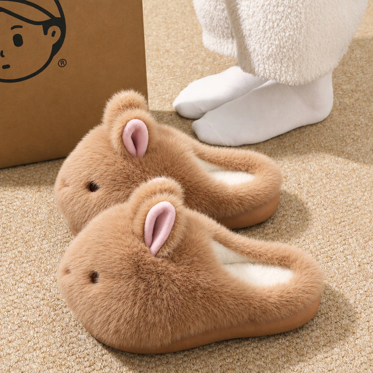 Cute Brown Bunny Plush Slippers Women Winter Warm Rebound Soft Sole House Shoes Indoor Fuzzy Non-Slip Comfortable Home Footwear