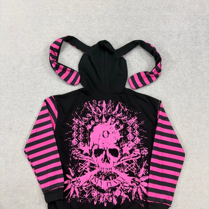 2026 Dark Pink Black Punk Skeleton Printed Striped Sleeve Hoodie Street Style Women's Zipper Cardigan Wholesale