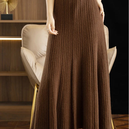 Elegant Women's Pleated Skirt 100% Merino Wool Skirt A-Line Long Skirt Soft Warm Autumn Winter Dress Slim Elastic Waist Office PlatiNum