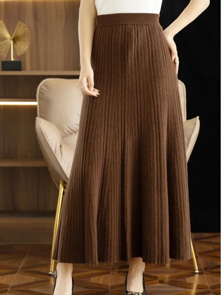 Elegant Women's Pleated Skirt 100% Merino Wool Skirt A-Line Long Skirt Soft Warm Autumn Winter Dress Slim Elastic Waist Office PlatiNum