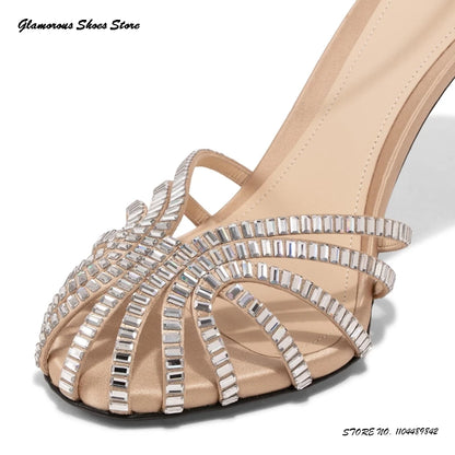 Bling Crystal Caged-toe Satin Sandals Women's Round Toe Thin High Heels Party Shoes Summer Fashion Buckle Strap Daily Stilettos
