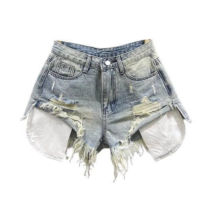 Tassel Piercing Denim Shorts for Women 2026 Summer New Style Spicy Girl High Waist Show Thin A-line Wide Leg Cowboy Short Pants PlatiNum