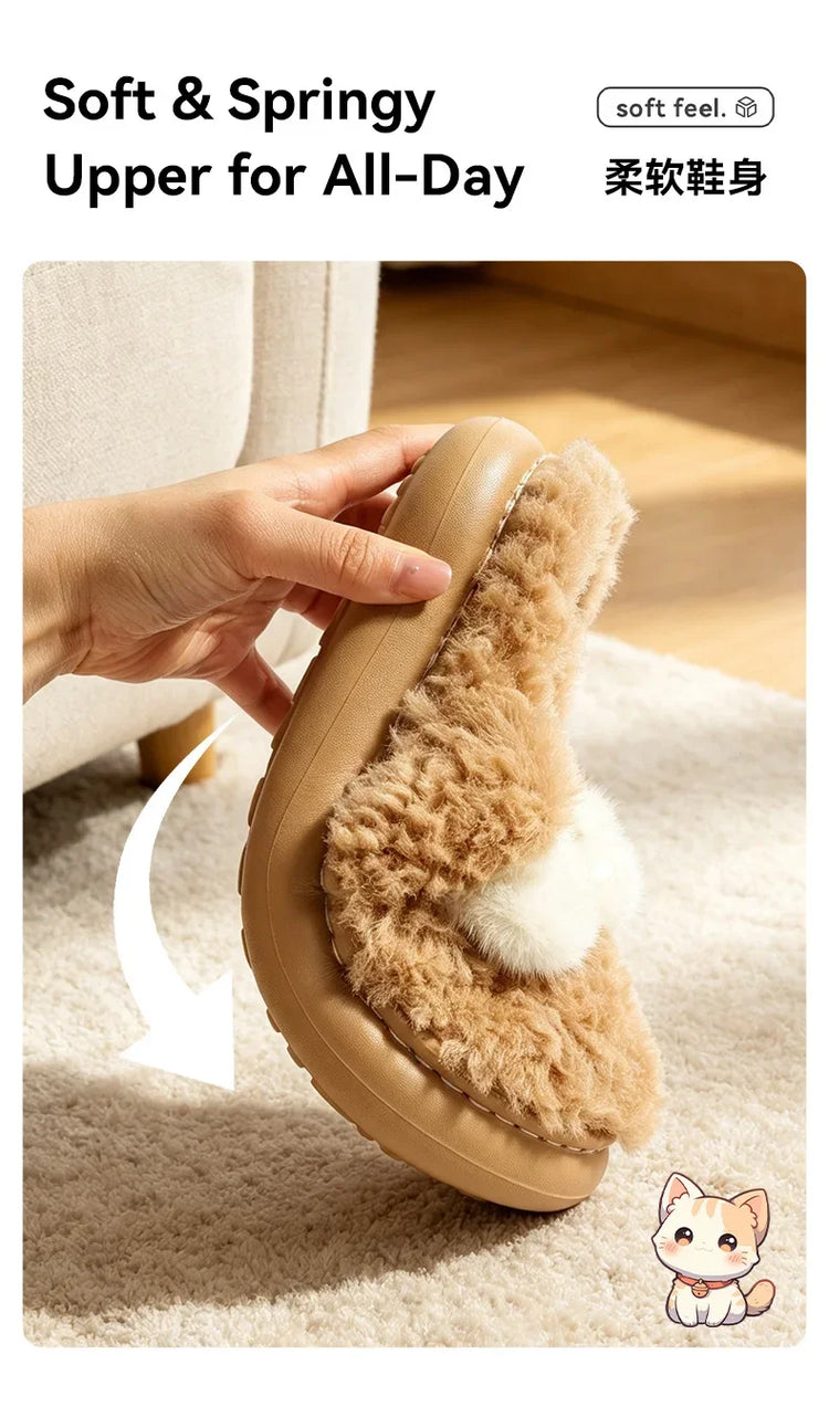 Women's Cute Cat Plush Cotton Slippers Autumn & Winter Home Anti Slip Thick Bottom Cotton Slippers Soft and Warm Indoor Slippers