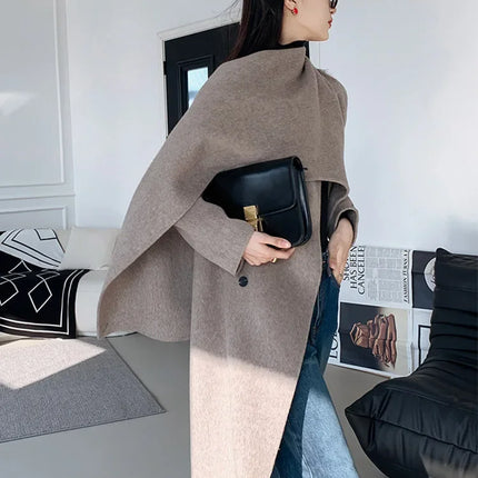 Luxury Hand-sewn Double-sided Cashmere Wool Coat Women New Mid-length Scarf Collar Loose Lace-up Warm Wool Coat Fashion Winter
