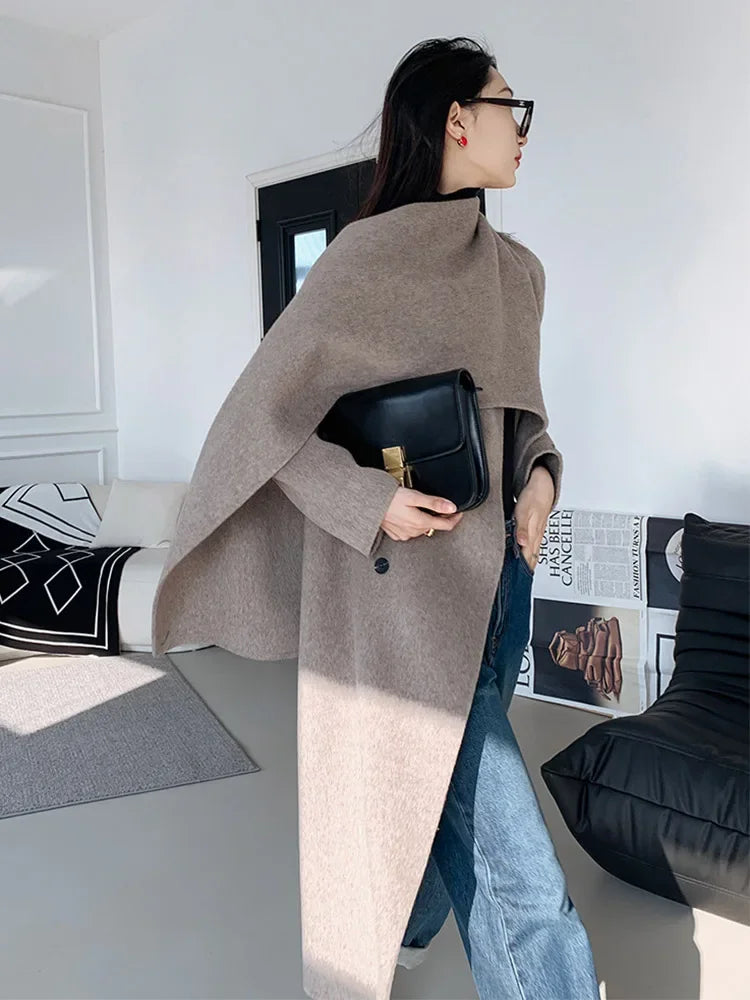 Luxury Hand-sewn Double-sided Cashmere Wool Coat Women New Mid-length Scarf Collar Loose Lace-up Warm Wool Coat Fashion Winter