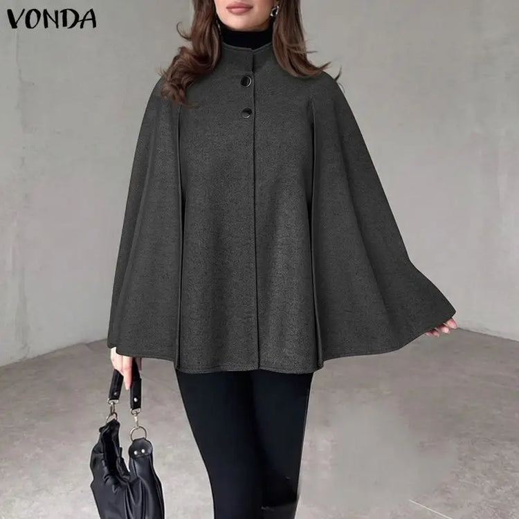 VONDA Autumn Women Capes Elegant Stand Collar Thin Cape Coat Solid Button Poncho OL Work Tops Office Streetwear Party Jackets