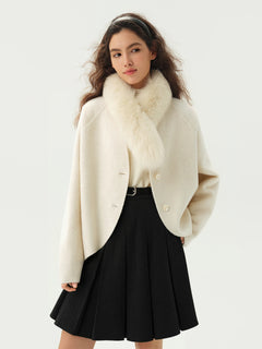 DUSHU Short Wool Coat  Fox Fur Collar and Camel Hair Women Warm Single Breasted Elegant Temperament Winter Batwing Sleeve
