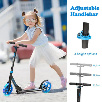 Monopattino pieghevole e regolabile con 2 grandi ruote e luci a LED - Blu