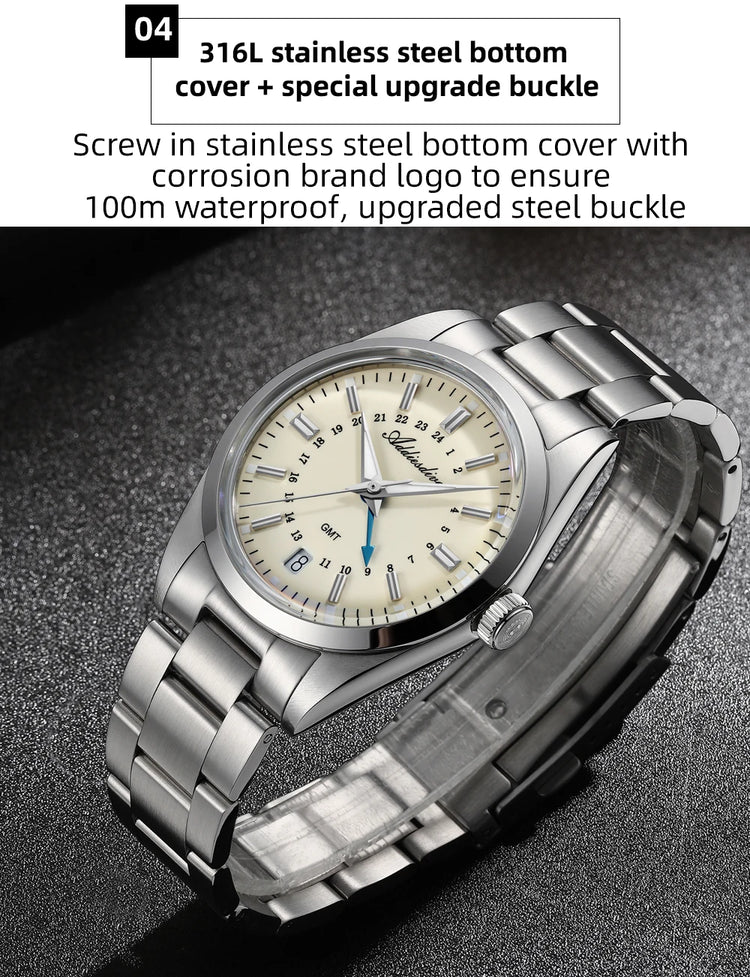 ADDIESDIVE 36mm Stainless Steel GMT Quartz Watch Bubble Mirror Pot Cover Glass 10ATM Dive Luminous Simple Watches For Men