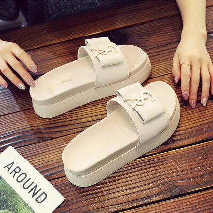 2025 Summer New Women's Fashion Letter Designer Sandals Casual Thick Bottom Round Toe Leather Beach Shoes Женские Сандалии PlatiNum