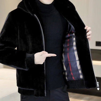 Autumn Winter Faux Fur Hooded Jacket Men Fashion Social Faux Mink Fur Casual Business Jacket Thick Warm Outdoor Windproof Coat