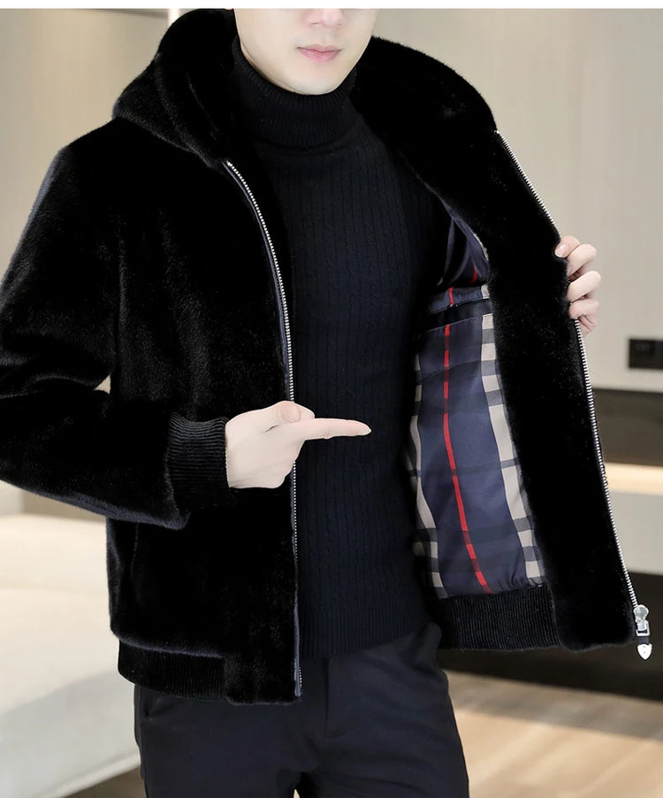Autumn Winter Faux Fur Hooded Jacket Men Fashion Social Faux Mink Fur Casual Business Jacket Thick Warm Outdoor Windproof Coat