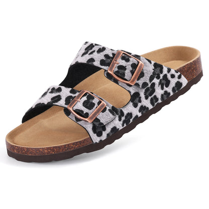 Eyriphy New Women Open Toe Leopard Slides With Adjustable Buckle Classic Flat Sandals Casual Cork Footbed Women's Slippers