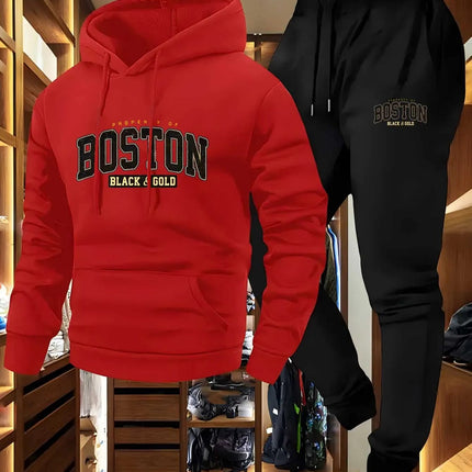2-Piece Men's Casual Hooded Sweatshirt and Sweatpants Set - Los Angeles Letter Print Men's Outdoor Sports Set with Hooded Long S PlatiNum