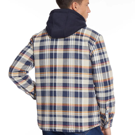 TACVASEN Men's Flannel Shirt Jacket with Removable Hood Plaid Quilted Lined Winter Coats Thick Hoodie Outwear Man Fleece Shirts