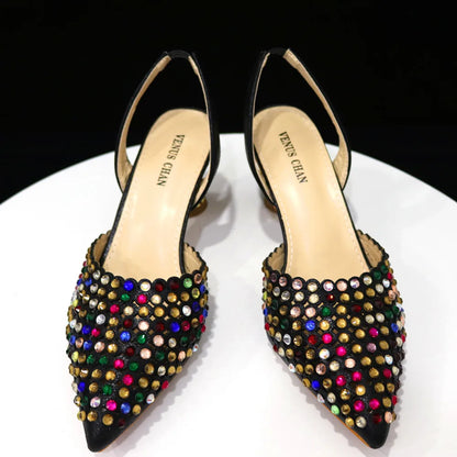 Venus Chan Pointed Toe Heels for Women 2023 Elegant Party Wine Color Full Diamond Pumps Italian Shoes and Bags Matching Set