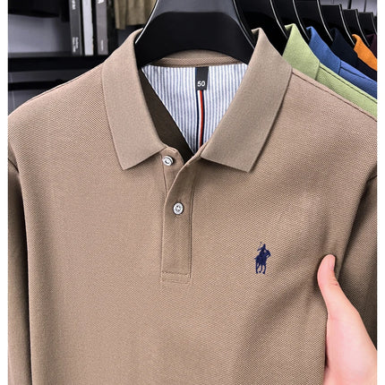 High-end branded long-sleeved polo shirt, 100% cotton, new business men's leisure lapel t-shirt, luxury comfort with Paul pony embroidery