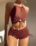 Bikini sexy a vita alta con lacci, set due pezzi da donna, costume da bagno sdoppiato, bikini da spiaggia, nuovo, per tutte le stagioni, tinta unita, senza schienale PlatiNum