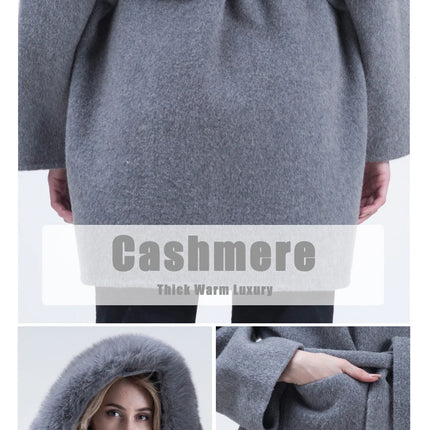 MISSJANEFUR Wool Coat with Real Fox Fur Collar Cuff Women Fashion Belted Cashmere Coats Warm Winter Hooded Trench Peacoat