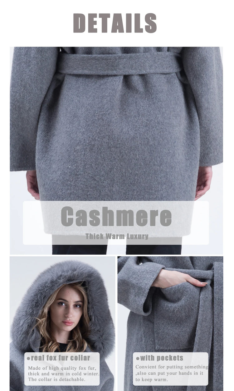MISSJANEFUR Wool Coat with Real Fox Fur Collar Cuff Women Fashion Belted Cashmere Coats Warm Winter Hooded Trench Peacoat