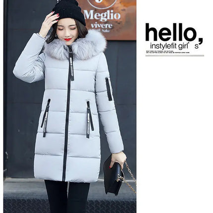 Women Winter Fur Collar Hooded Parka Coats Fashion Letter Patch Zipper Long Jacket Elegant Slim Warm Thick Female Snow Outerwear