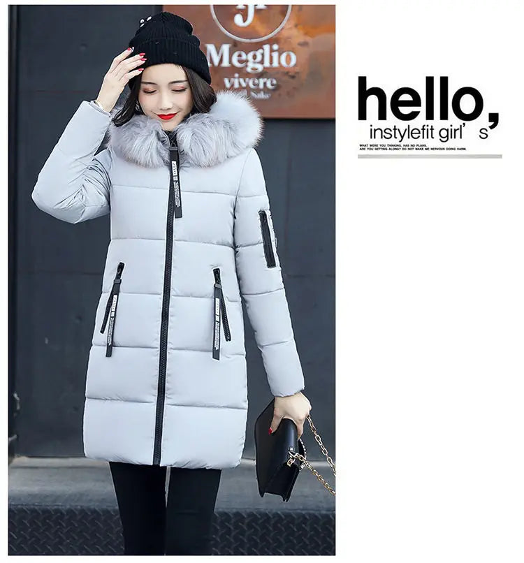 Women Winter Fur Collar Hooded Parka Coats Fashion Letter Patch Zipper Long Jacket Elegant Slim Warm Thick Female Snow Outerwear