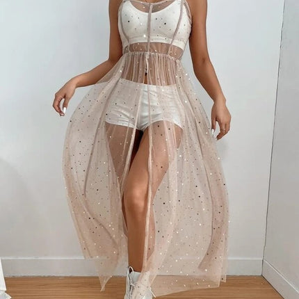 New Summer Women Cover Up Dress senza maniche collo quadrato Beach Holiday paillettes Split Midi Beach Smock Skin-Friendly confortevole platinumshop