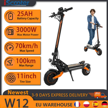 Monopattino elettrico iScooter W12 da 11 pollici, fuoristrada, a doppia trazione, 3000W, 25Ah, autonomia massima 100 km, velocità massima 70 km/h, pieghevole.