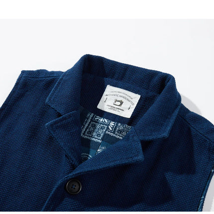 Vintage Lapel Waistcoat Men Autumn Winter New Kendo Fabric Multi-pocket Indigo Jacket Suit Vest Handmade Blue Dyed Cardigan Coat