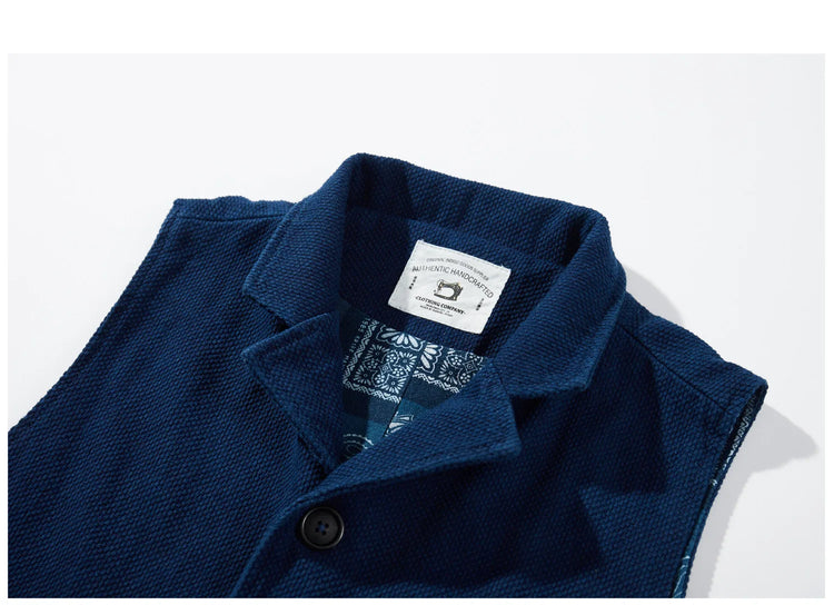 Vintage Lapel Waistcoat Men Autumn Winter New Kendo Fabric Multi-pocket Indigo Jacket Suit Vest Handmade Blue Dyed Cardigan Coat
