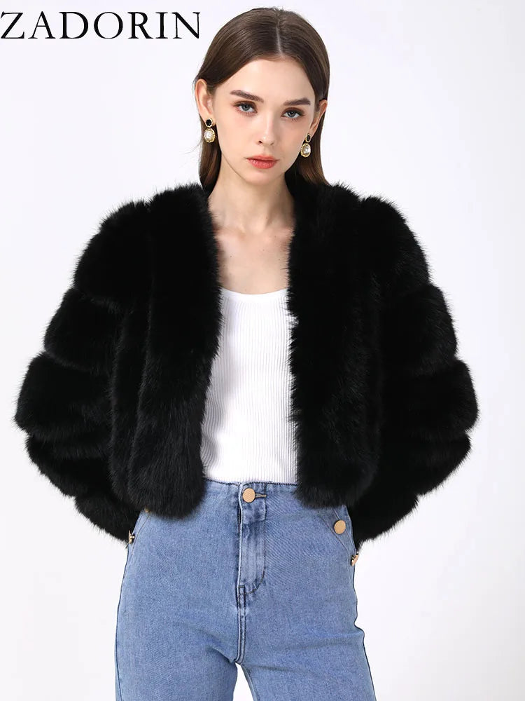 ZADORIN Luxury Cropped White Faux Fox Fur Coat Woman Clothing V Neck Long Sleeve Winter Fluffy Faux Fur Jacket Fur Coats Woman