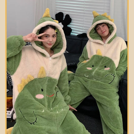 Couples Kigurumis Dinosaur Pajamas Jumpsuits Sleepwear Women Men Winter Thicken Hooded Cartoon Pyjamas Coral Fleece Loose Soft