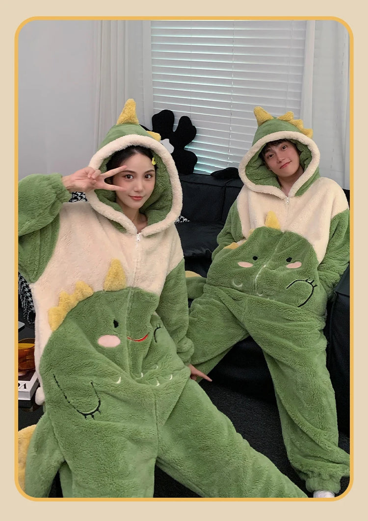 Couples Kigurumis Dinosaur Pajamas Jumpsuits Sleepwear Women Men Winter Thicken Hooded Cartoon Pyjamas Coral Fleece Loose Soft