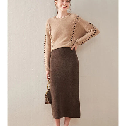 100% pure wool skirt new women's autumn and winter mid-length high-waisted thin cashmere skirt knitted all-match hip skirt PlatiNum