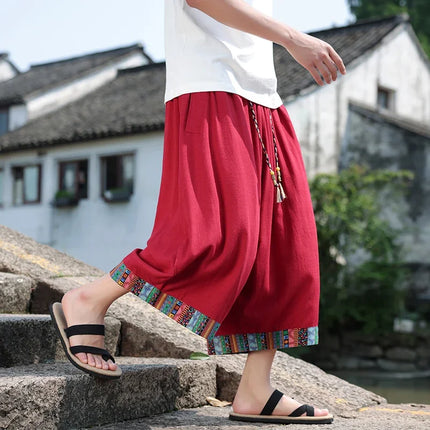 Pantaloncini kimono giapponese Costume da samurai in lino da uomo Ukiyo-e Cintura con stampa Pantaloni a gamba larga Retro Haori Pantaloni casual larghi Harajuku da uomo
