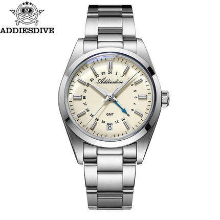 ADDIESDIVE 36mm Stainless Steel GMT Quartz Watch Bubble Mirror Pot Cover Glass 10ATM Dive Luminous Simple Watches For Men