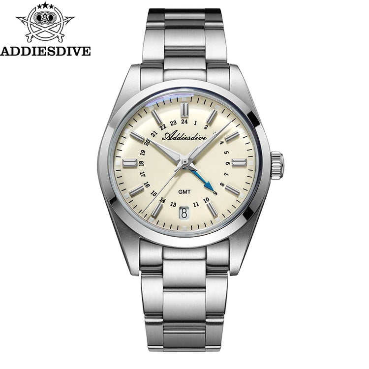 ADDIESDIVE 36mm Stainless Steel GMT Quartz Watch Bubble Mirror Pot Cover Glass 10ATM Dive Luminous Simple Watches For Men