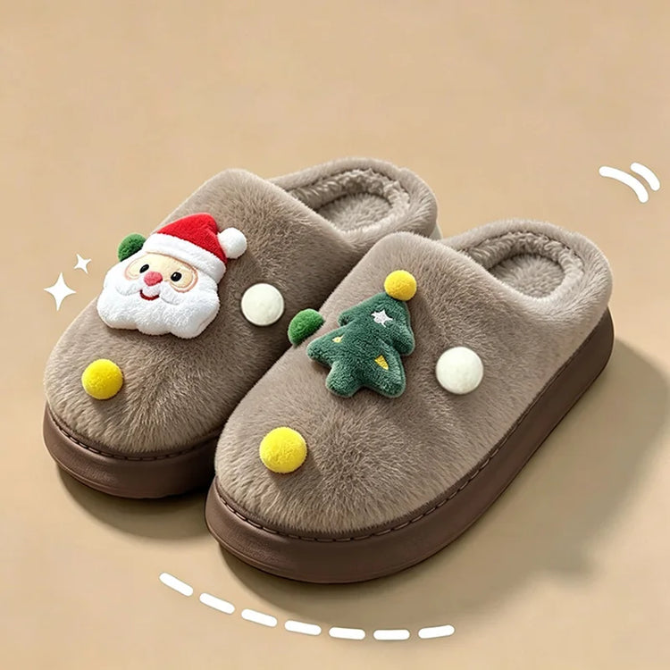 Christmas Plush Home Slippers Women Cute Cartoon Soft Sole Platform Cotton Slippers Couples Non Slip Warm Indoor Fur Slides