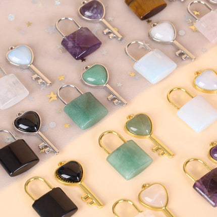 1 Set Natural Crystal Couple Lock Necklace Pendant Set Heart Shaped Key Piece Pink Crystal Amethyst Tiger Eye Stone Lock PlatiNum