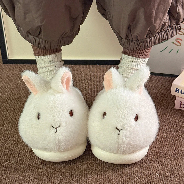 Novelty Cartoon Rabbit Slippers For Women Upright Ear Bunny Fluffy Plush Mules Woman Warm Full Back Home Slippers Winter Shoes