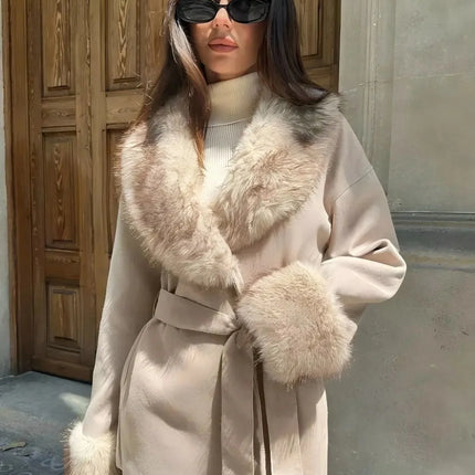 Women Faux Fur Collar Belted Waist Short Coat Elegant Furry Cuff Lapel Wrap Winter Outerwear