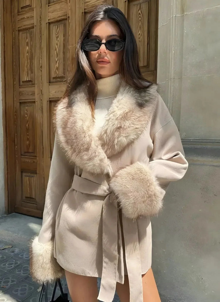 Women Faux Fur Collar Belted Waist Short Coat Elegant Furry Cuff Lapel Wrap Winter Outerwear