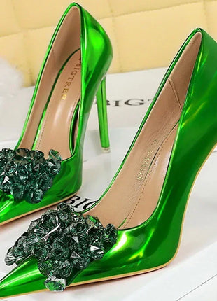Donne 10.5cm tacchi alti in pelle lucida Drag Queen banchetto Dress Pumps Lady Luxury Crystal Bow Stiletto Blue Green Red Prom Shoes