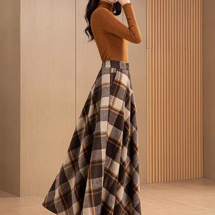 New Women Woolen Plaid Skirt Autumn Winter Fashion Elastic High Waist A-Line Wool Blended Long Skirt Simplicity Vintage Skirt PlatiNum