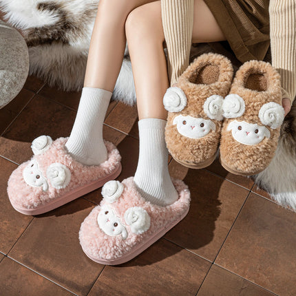 Cute Little Sheep Plush Slippers Women Winter Warm Thick Soft Sole House Shoes Indoor Fuzzy Non-Slip Comfortable Home Slides