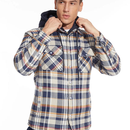 TACVASEN Men's Flannel Shirt Jacket with Removable Hood Plaid Quilted Lined Winter Coats Thick Hoodie Outwear Man Fleece Shirts