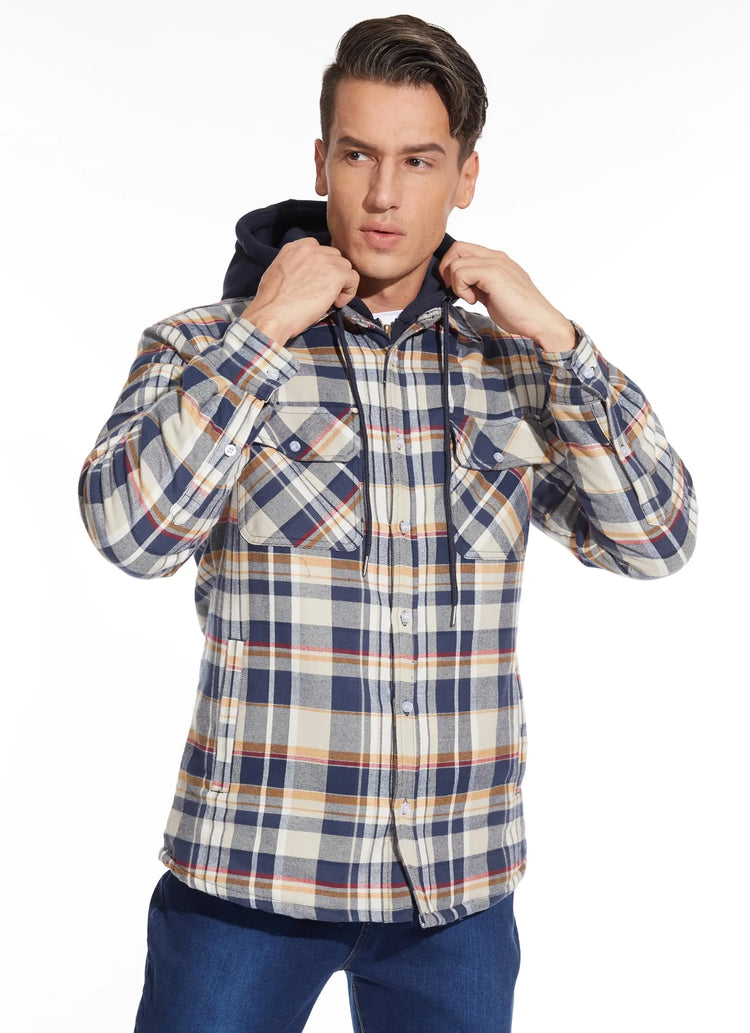 TACVASEN Men's Flannel Shirt Jacket with Removable Hood Plaid Quilted Lined Winter Coats Thick Hoodie Outwear Man Fleece Shirts