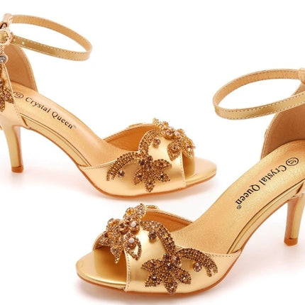 Sandalias de mujer de calidad femenina con diamantes de imitación de PU, tacón delgado de 7 cm, correa de hebilla, zapatos de vestir de estilo coreano para mujer, azul cielo maduro